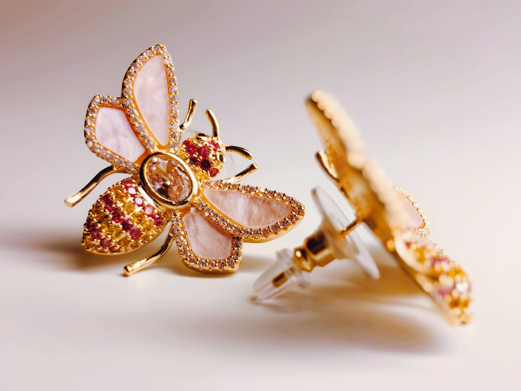 Pink Enamel Bee Stud Earrings