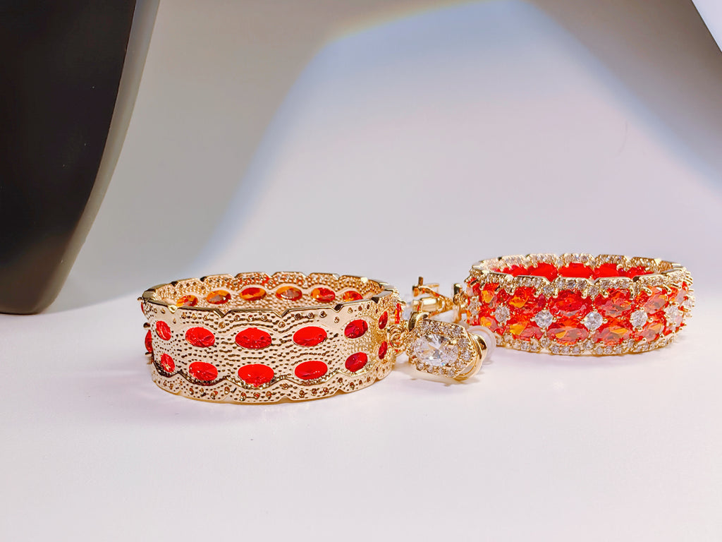 Gold-Plated Red Crystal Statement Cuff Earrings