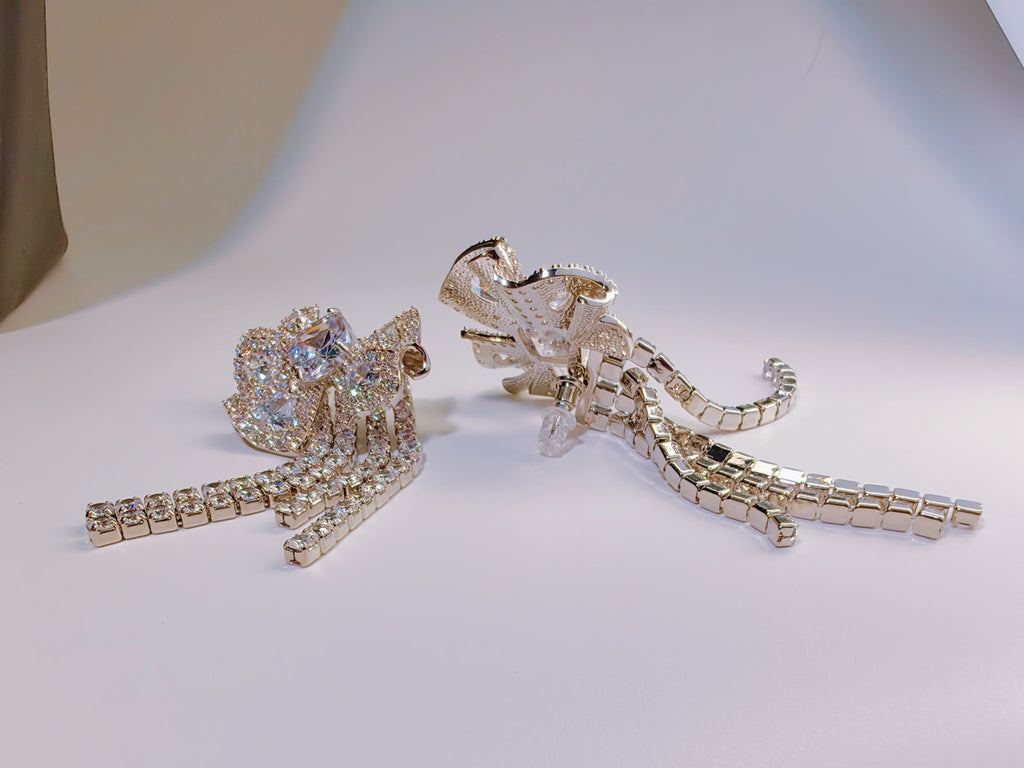 Silver-Plated Bow Crystal Tassel Drop Earrings