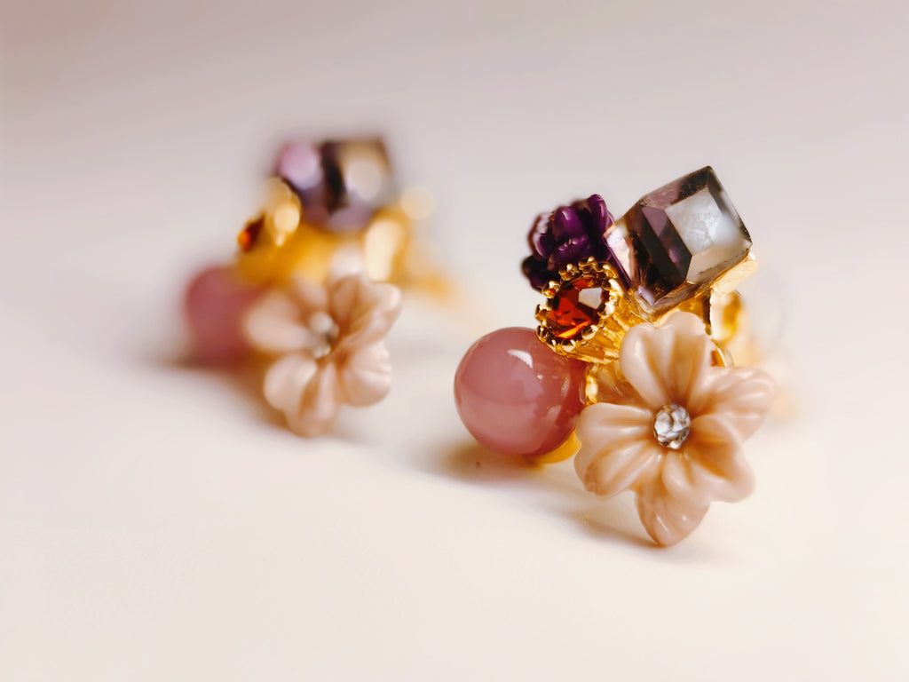 Pink Purple CZ Flower Stud Earrings