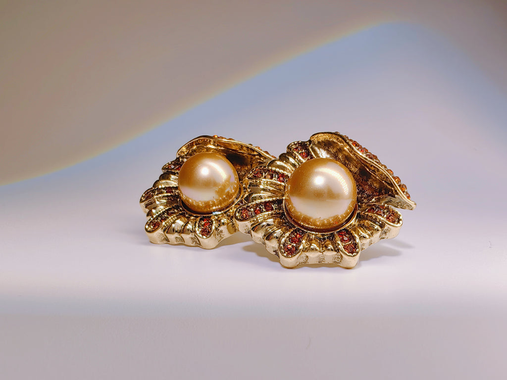 Antique Style Champagne Pearl & Red Crystal Studs