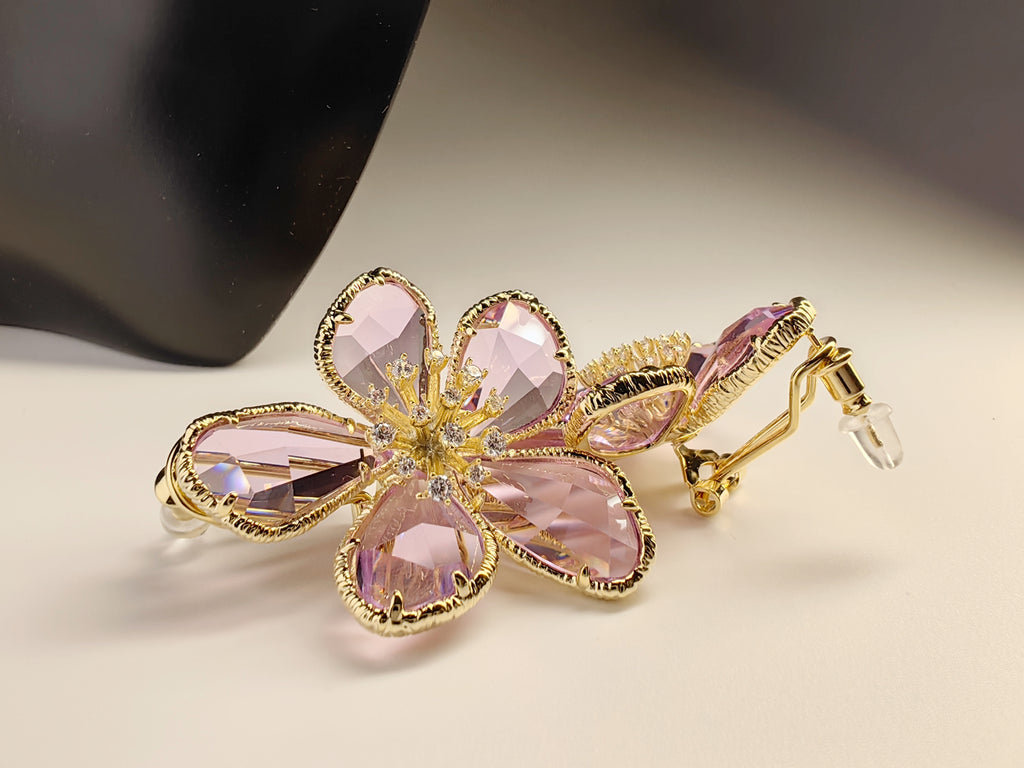 Gold Tone Pink Crystal Flower Stud Earrings