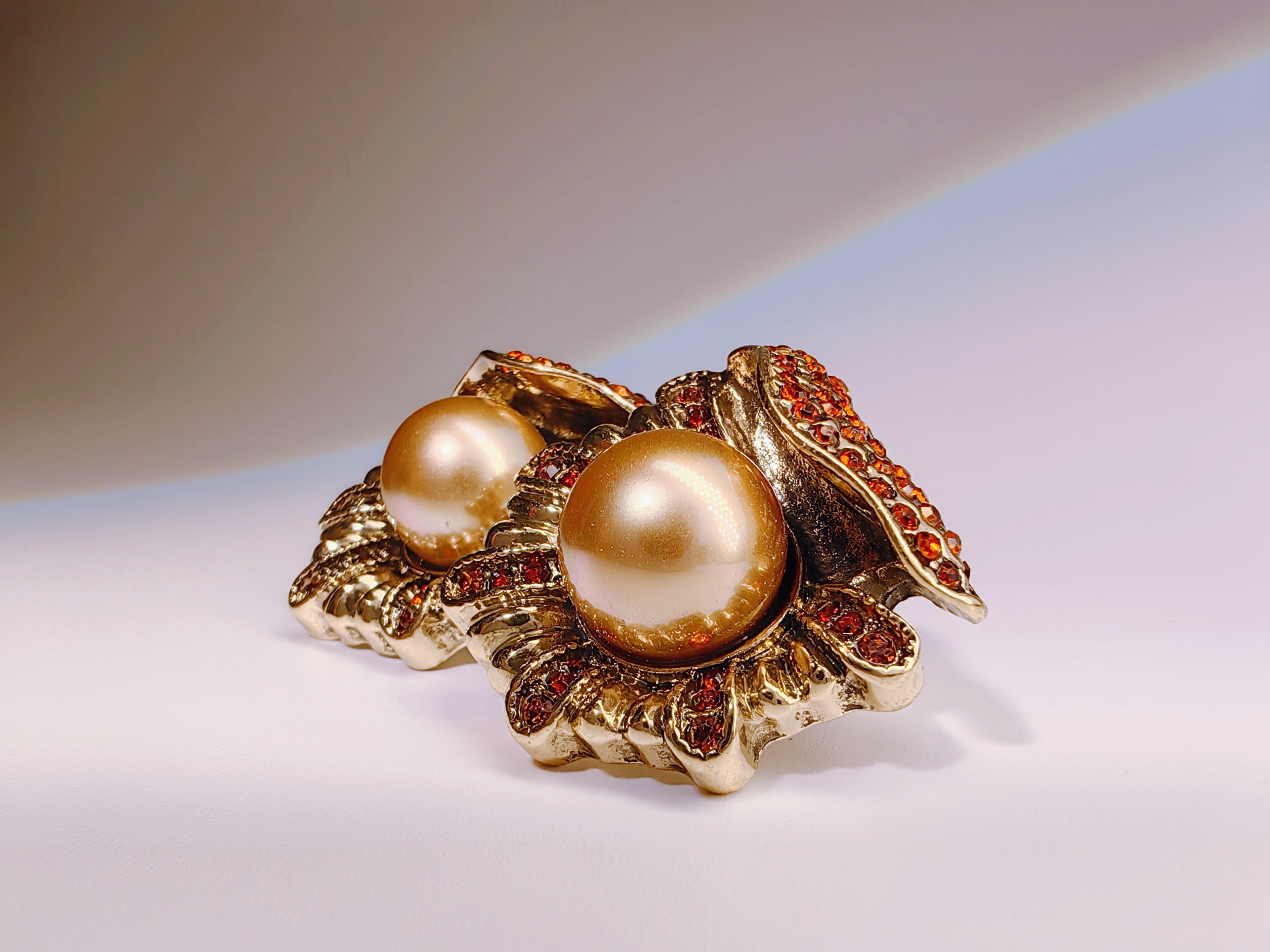 Antique Style Champagne Pearl & Red Crystal Studs