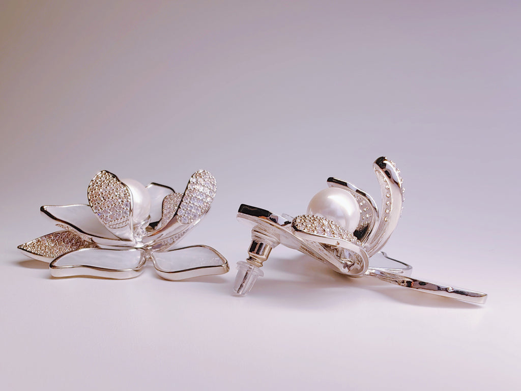 Silver-Plated Cubic Zirconia & Pearl Magnolia Stud Earrings