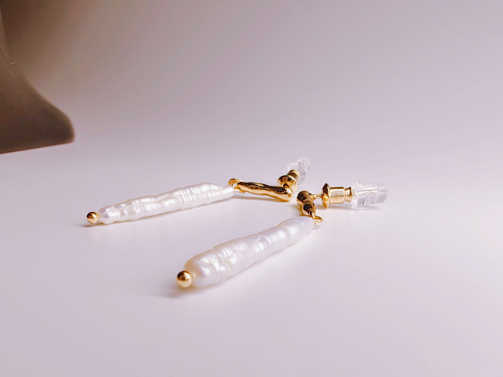 Gold-Plated Baroque Stick Pearl Drop Earrings