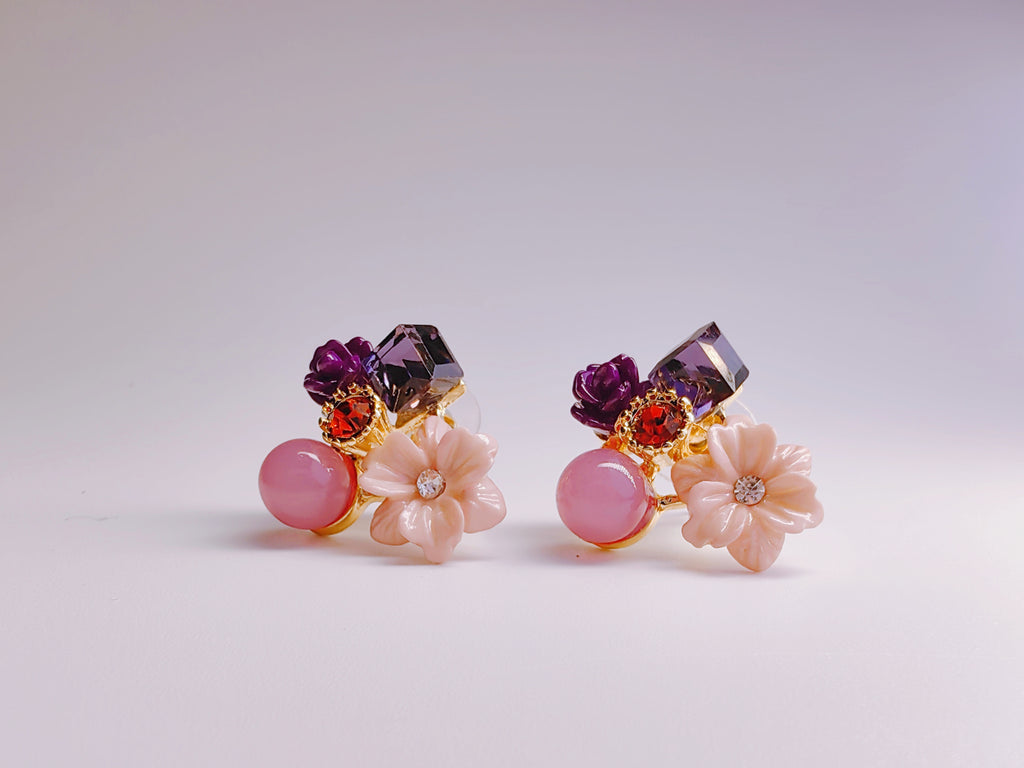 Pink Purple CZ Flower Stud Earrings