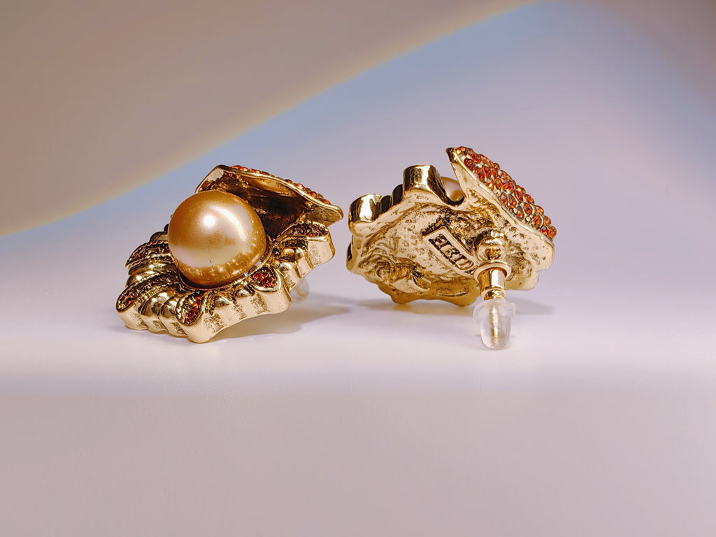 Antique Style Champagne Pearl & Red Crystal Studs