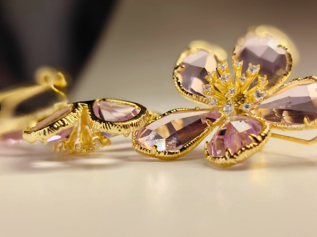 Gold Tone Pink Crystal Flower Stud Earrings