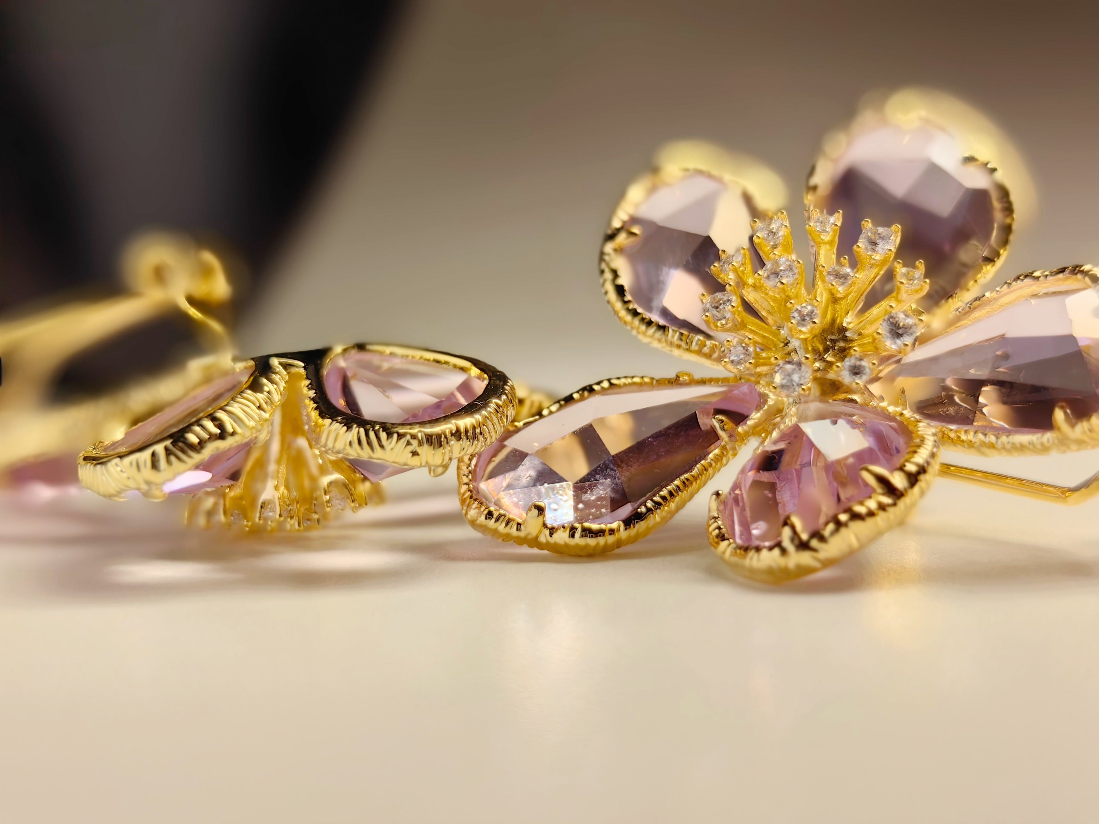 Gold Tone Pink Crystal Flower Stud Earrings