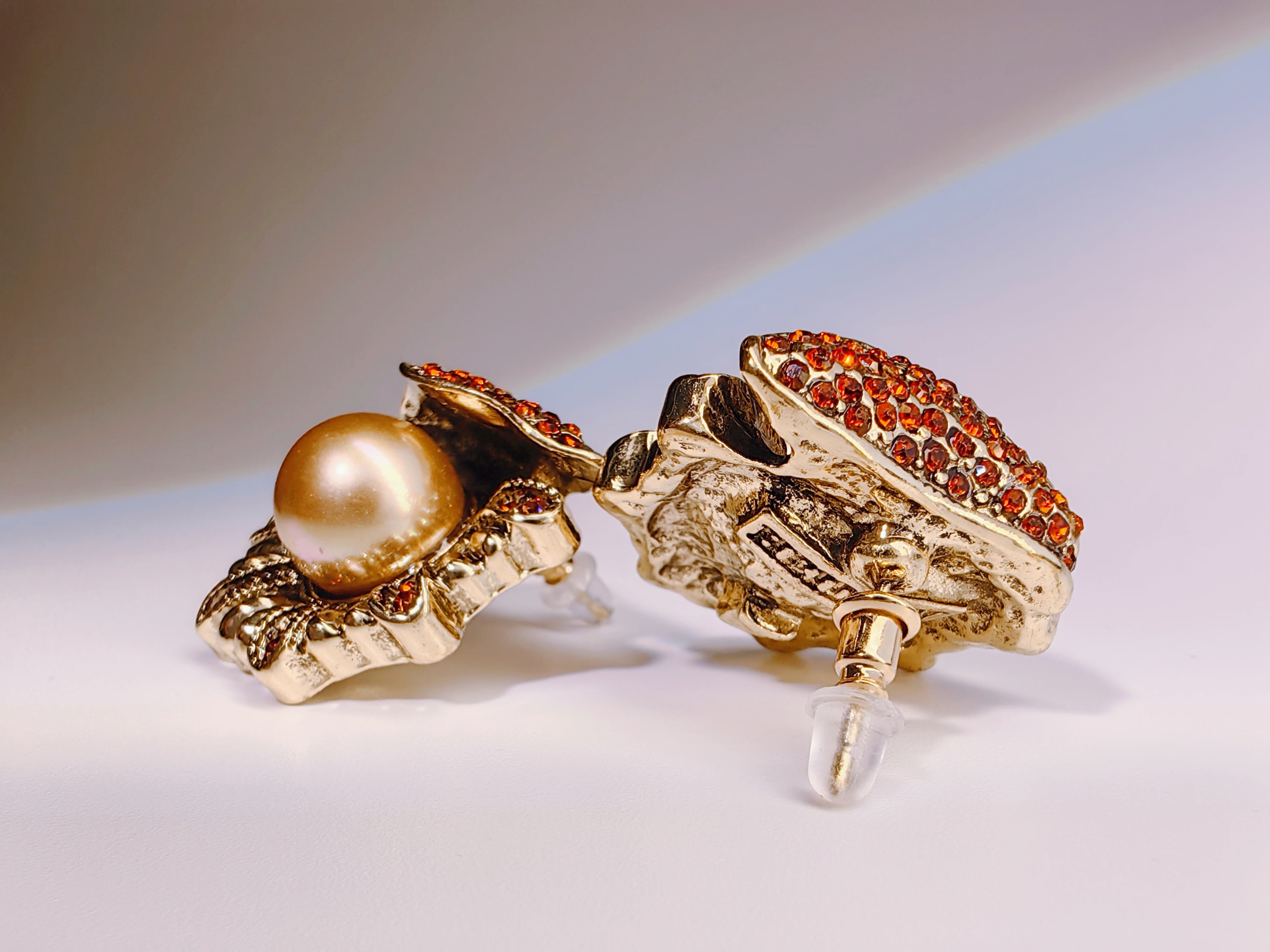 Antique Style Champagne Pearl & Red Crystal Studs