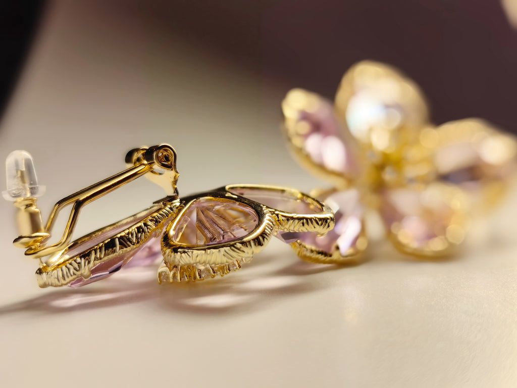 Gold Tone Pink Crystal Flower Stud Earrings