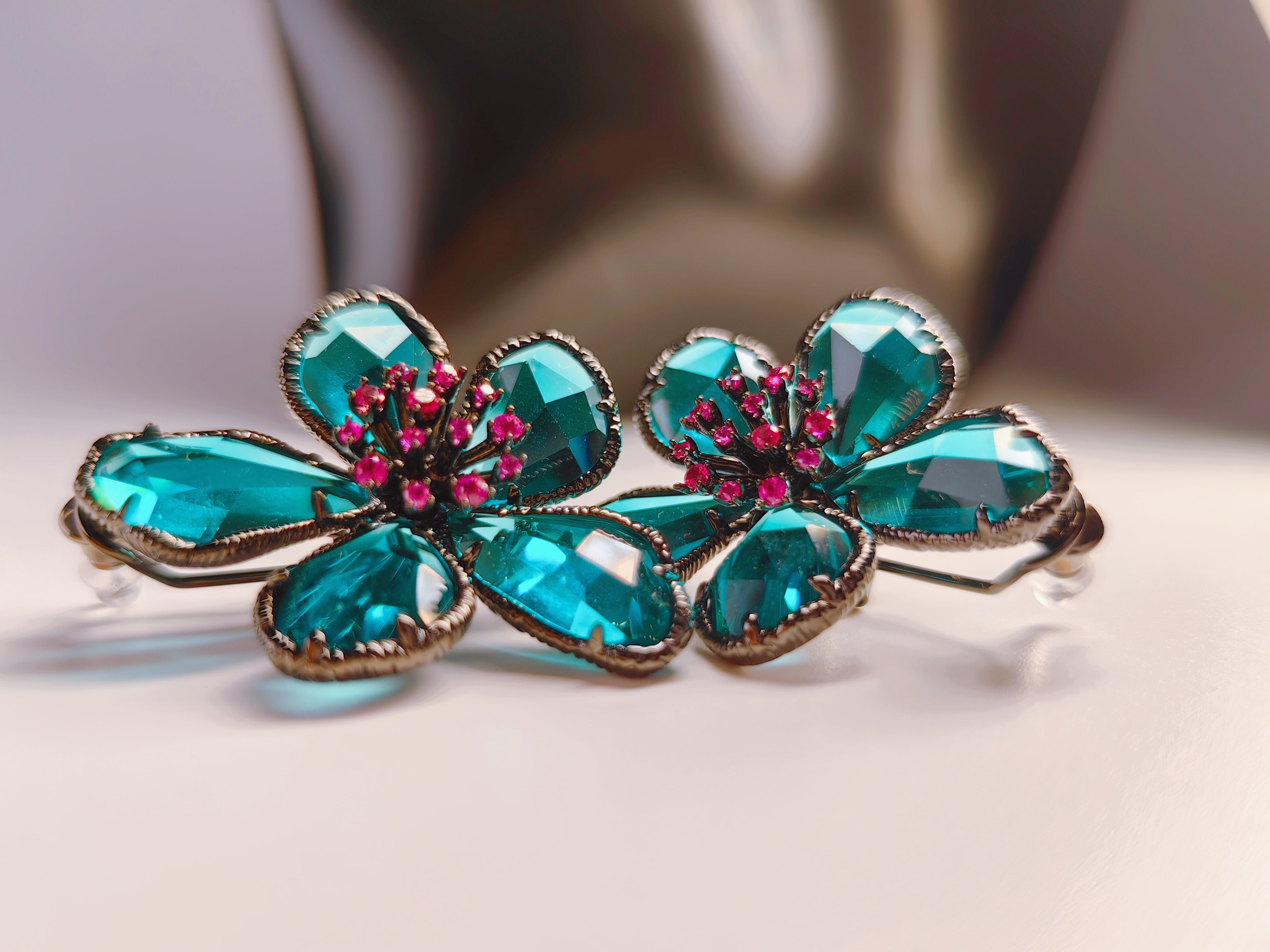 Gunmetal Teal Crystal Flower Earrings