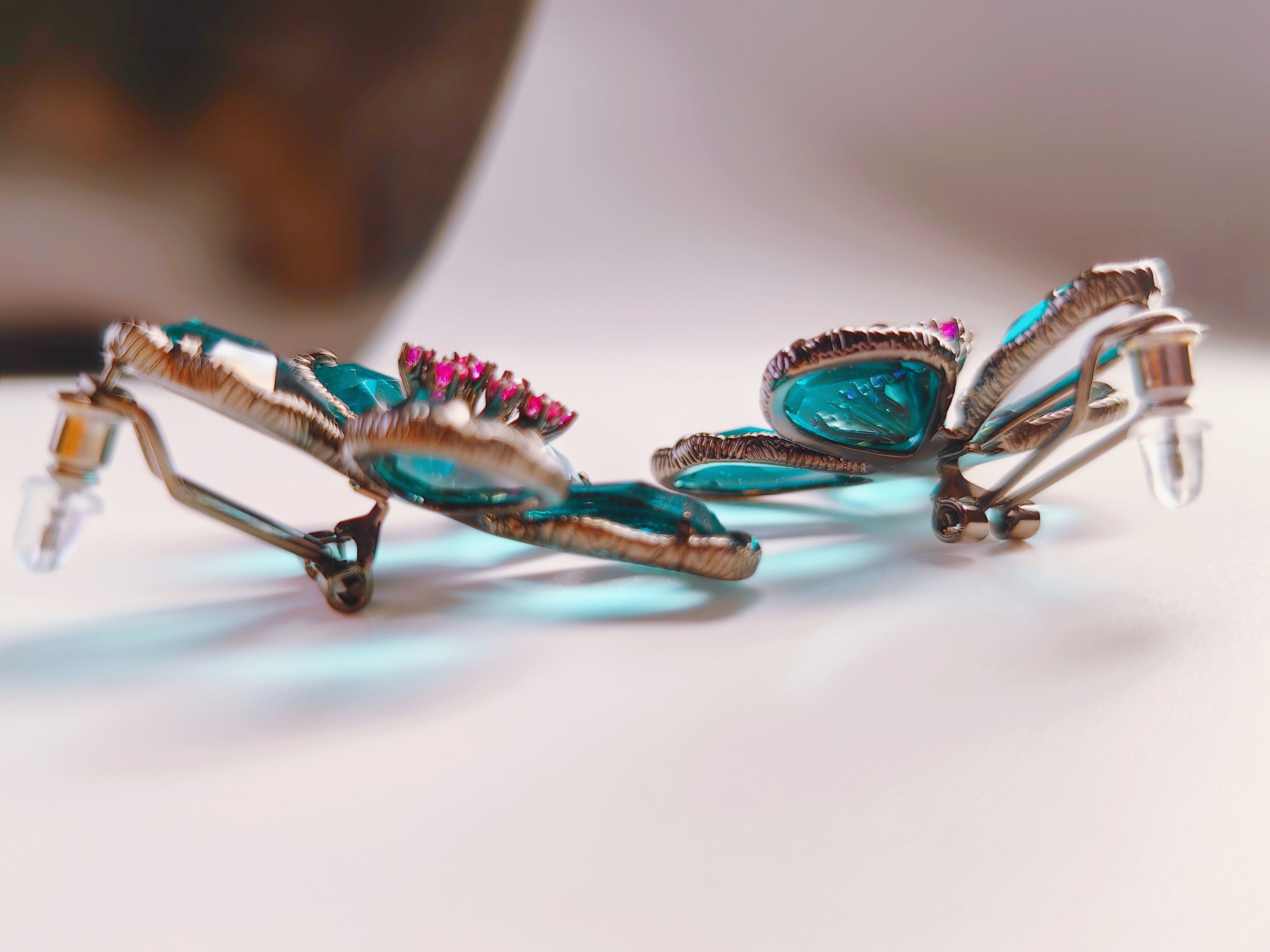 Gunmetal Teal Crystal Flower Earrings
