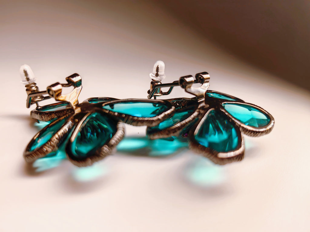 Gunmetal Teal Crystal Flower Earrings