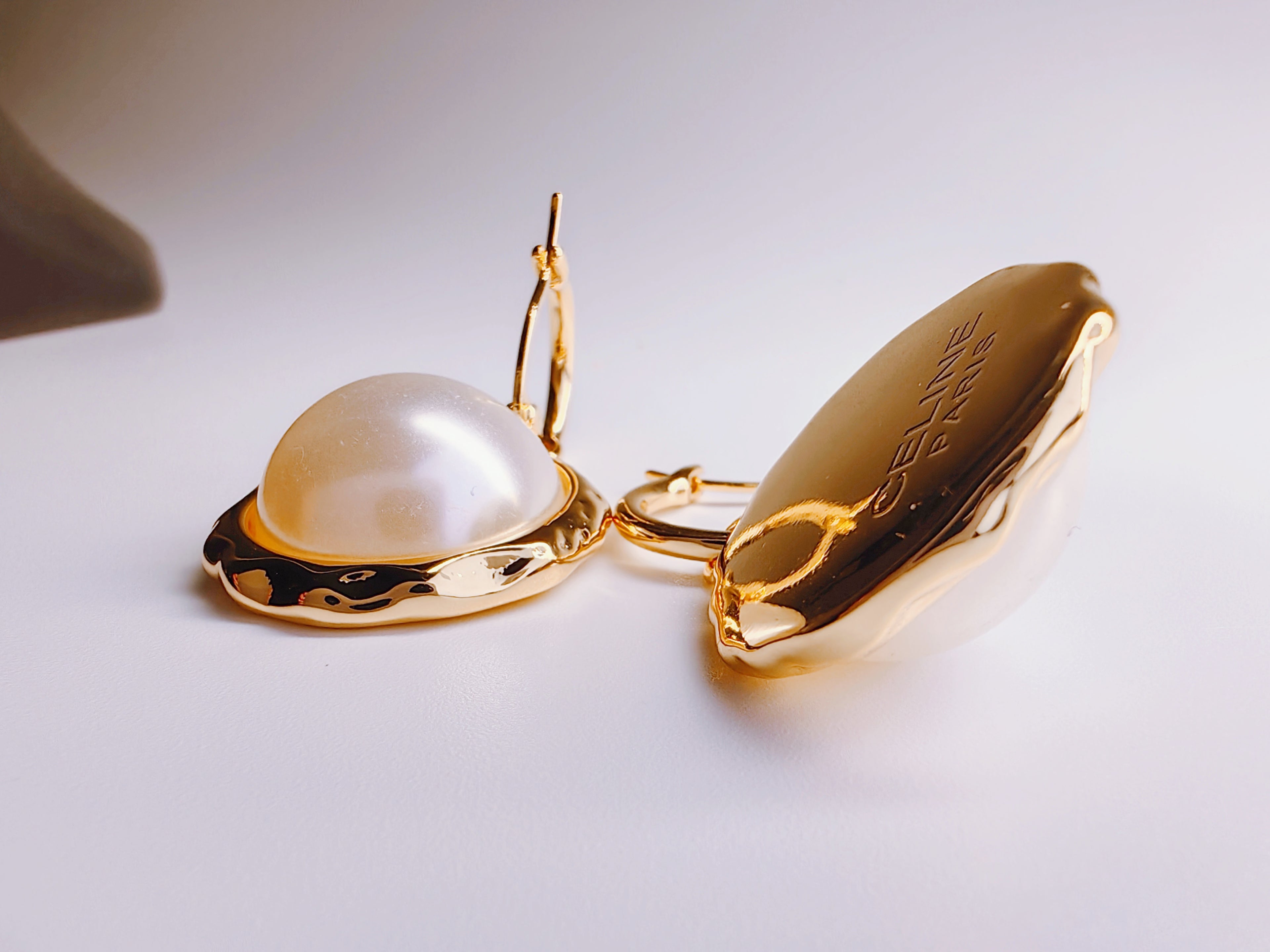 Hammered Gold & Cream Pearl Dome Earrings