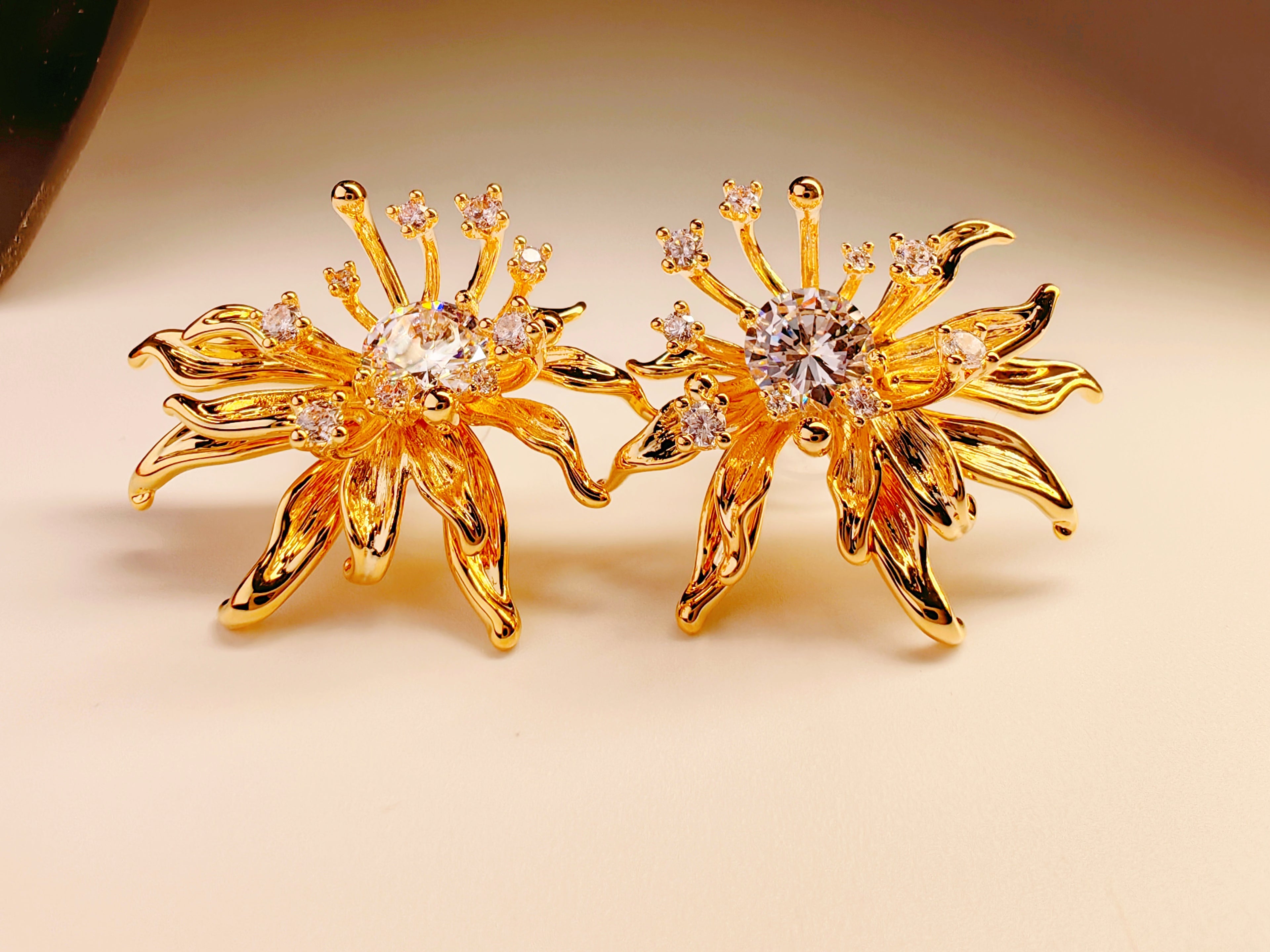 Gold-Plated Chrysanthemum CZ Stud Earrings