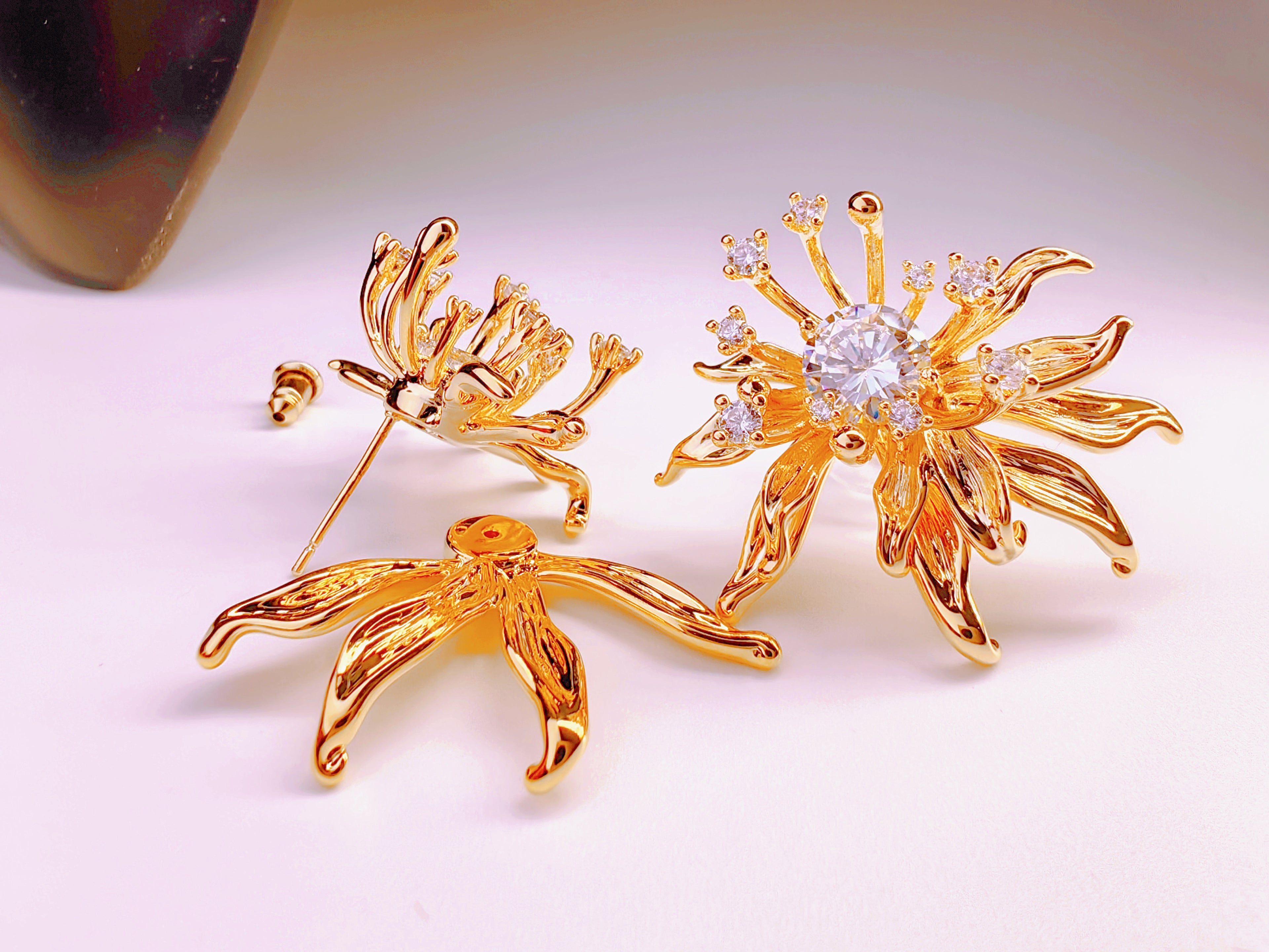 Gold-Plated Chrysanthemum CZ Stud Earrings