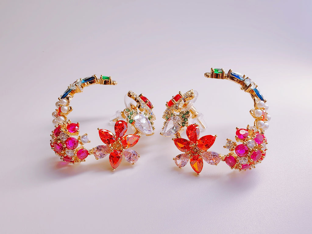 Gold-Plated Multi-Color CZ & Pearl Floral Hoop Earrings