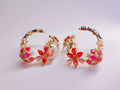 Gold-Plated Multi-Color CZ & Pearl Floral Hoop Earrings