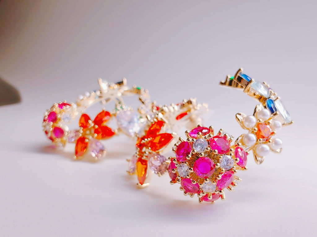 Gold-Plated Multi-Color CZ & Pearl Floral Hoop Earrings