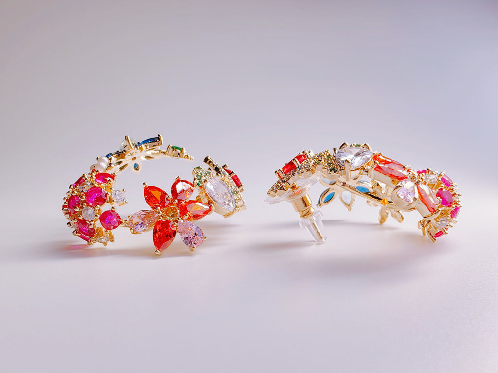 Gold-Plated Multi-Color CZ & Pearl Floral Hoop Earrings