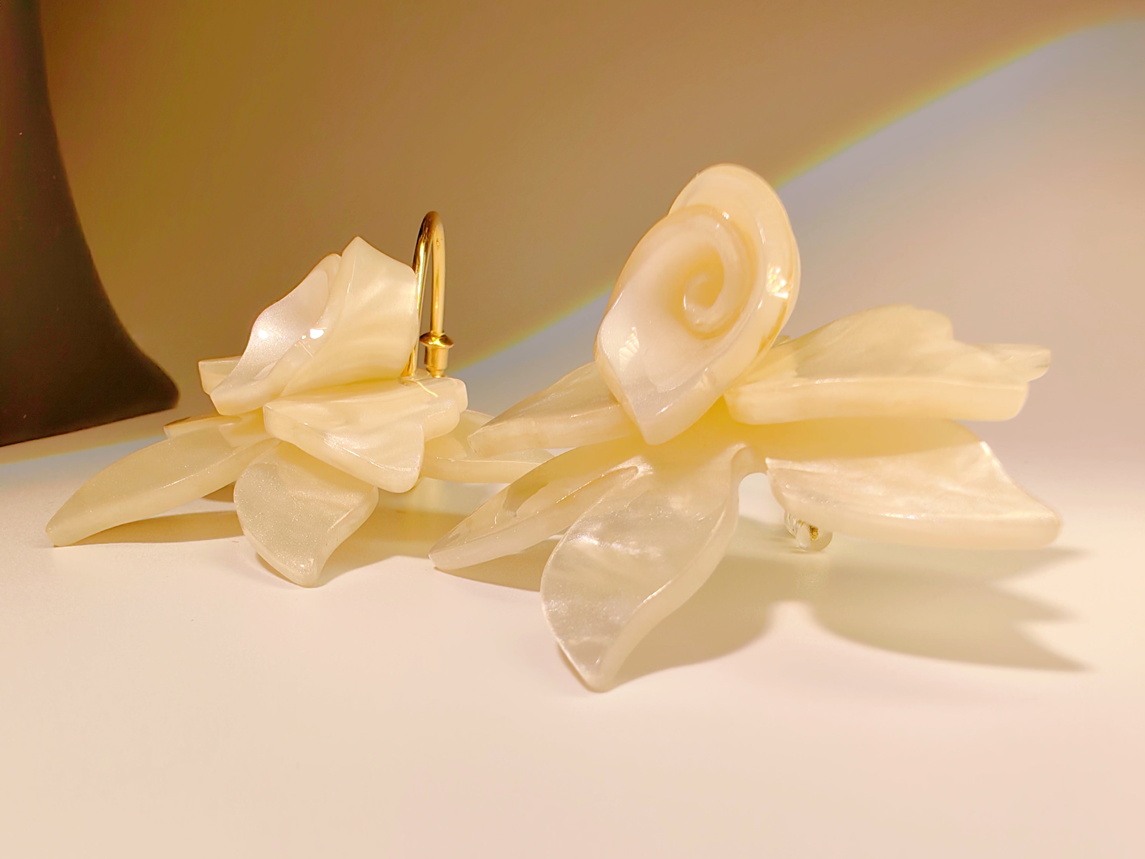 Cream Acrylic Orchid Hoop Earrings