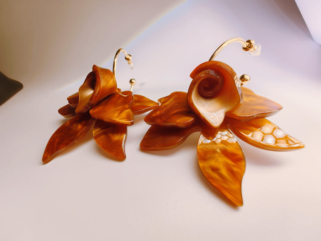 Amber Swirl Acrylic Orchid Hoop Earrings