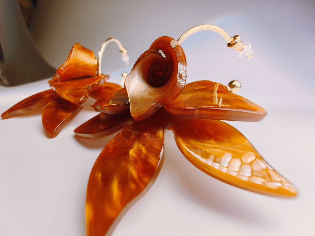 Amber Swirl Acrylic Orchid Hoop Earrings