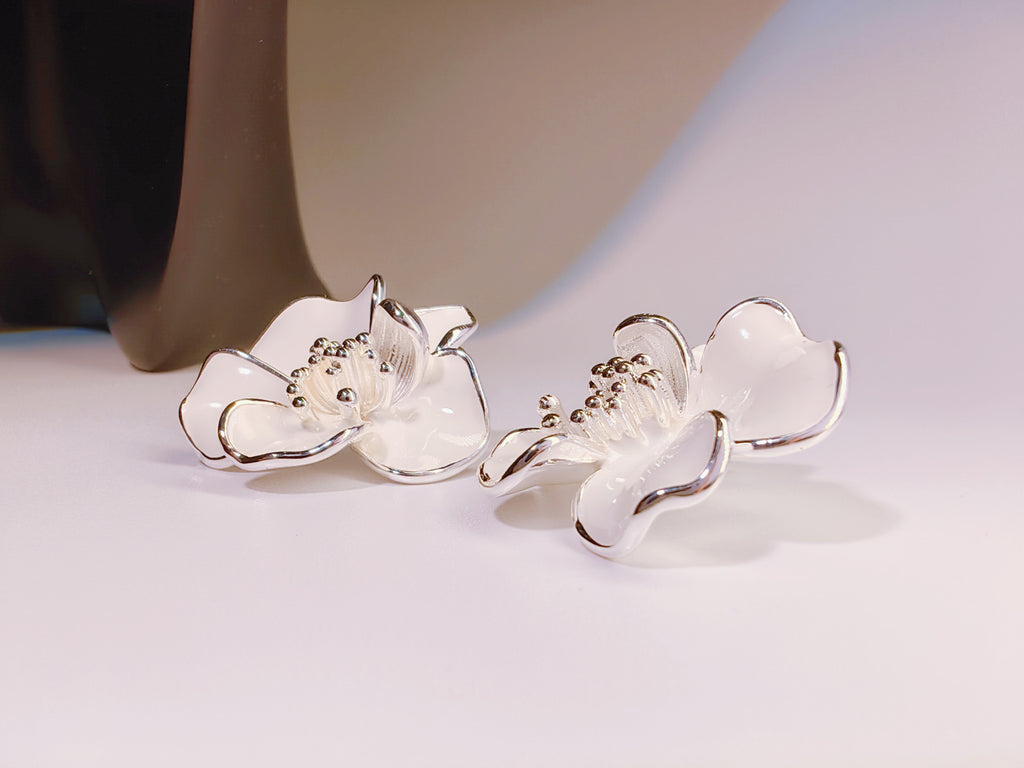 Silver Tone White Enamel Flower Stud Earrings