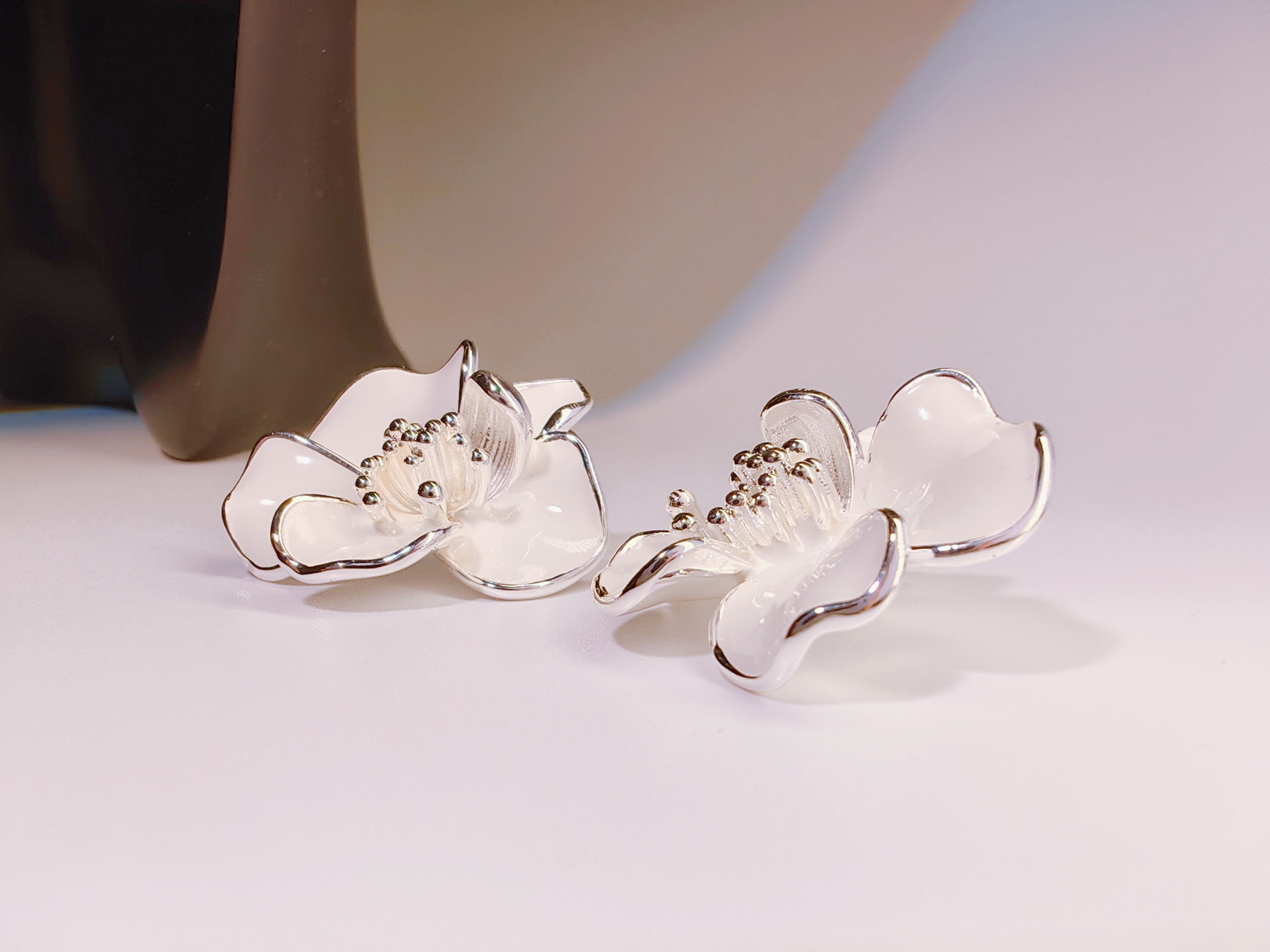 Silver Tone White Enamel Flower Stud Earrings
