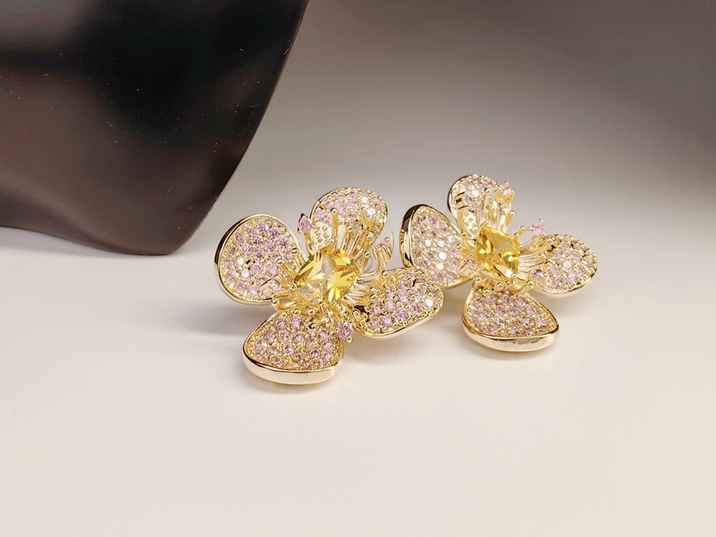 Gold Tone Pave Pink Crystal Flower Stud Earrings