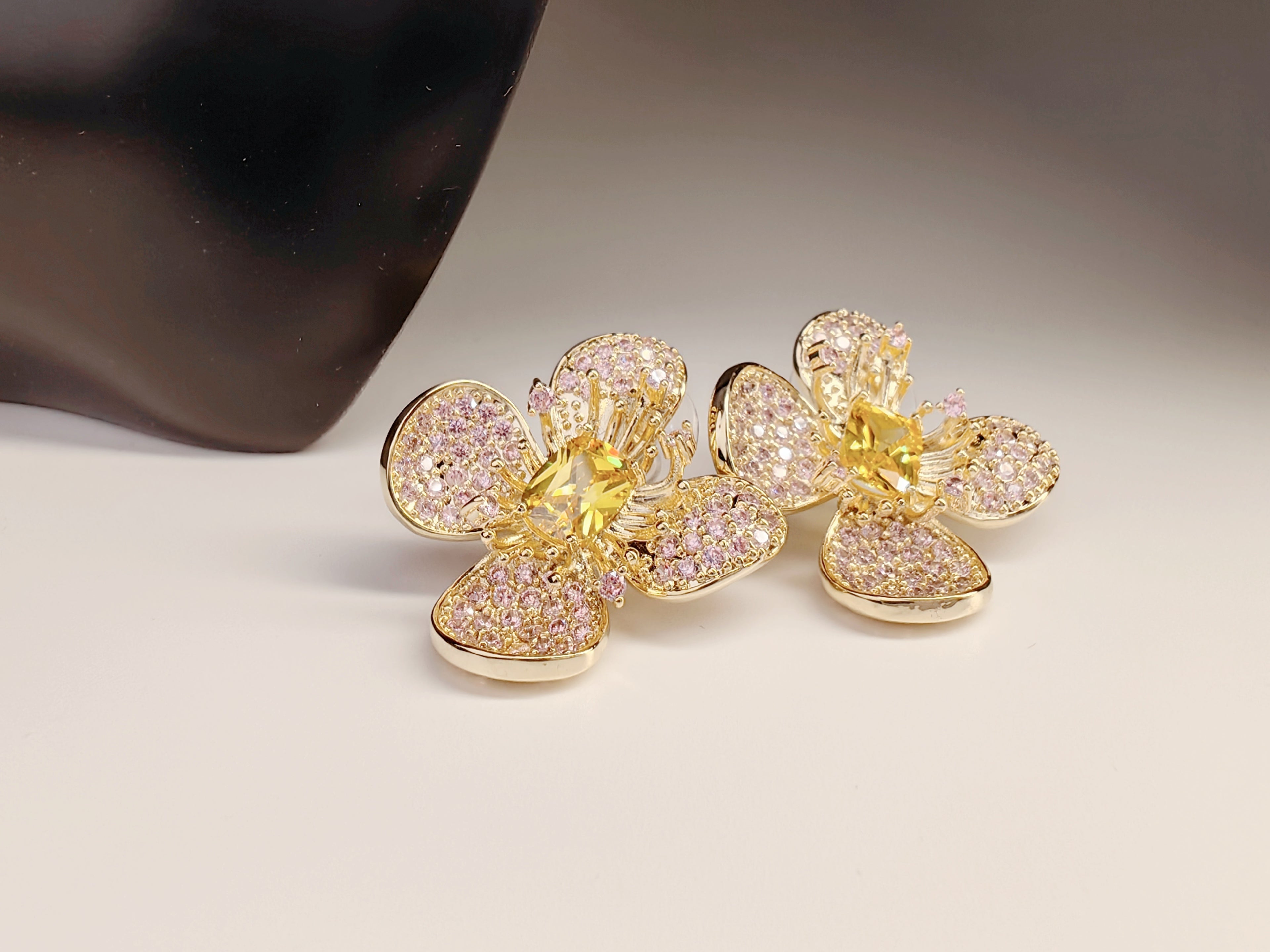 Gold Tone Pave Pink Crystal Flower Stud Earrings