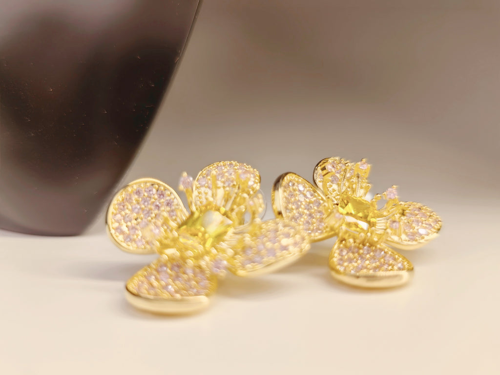 Gold Tone Pave Pink Crystal Flower Stud Earrings