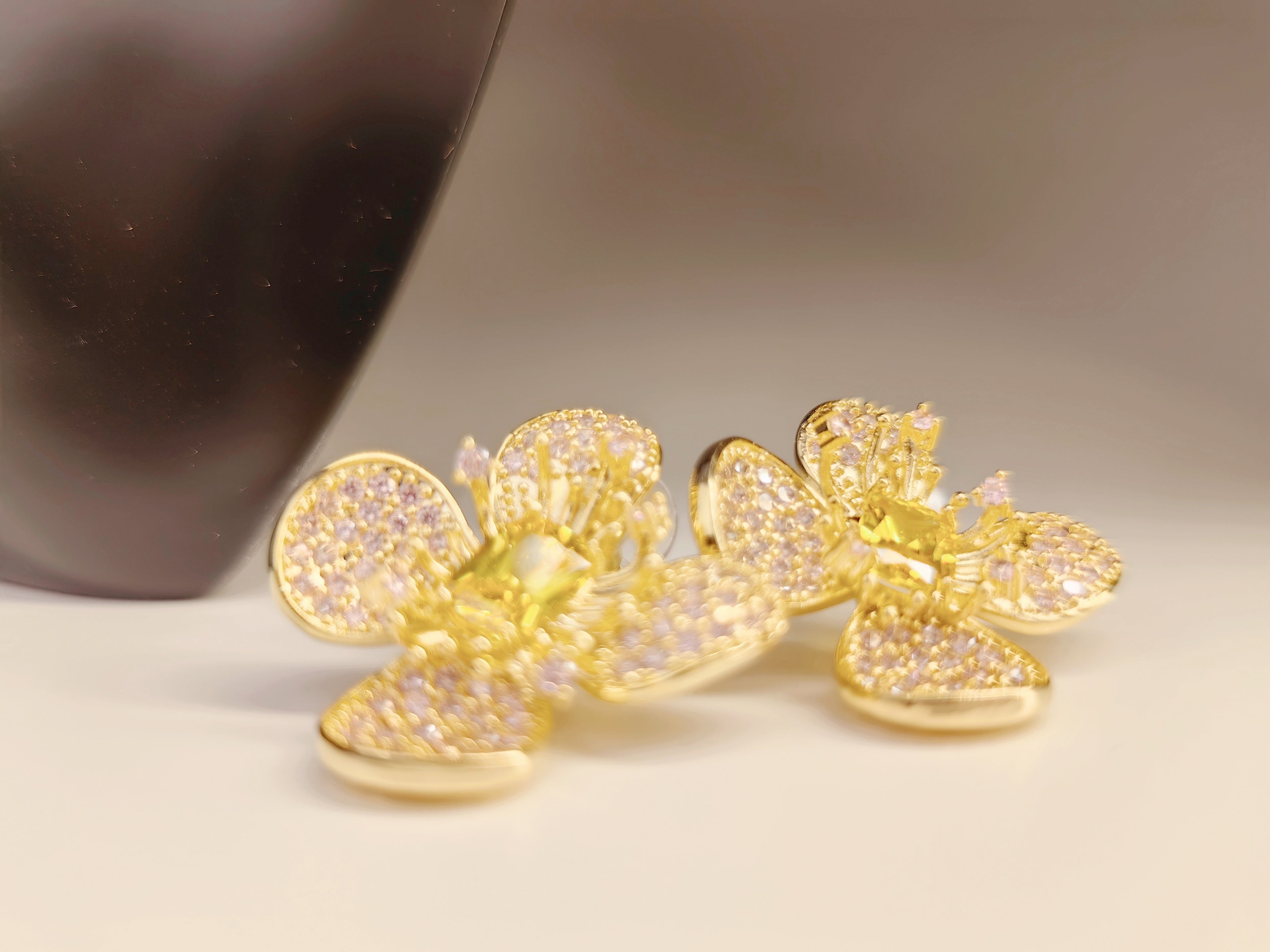 Gold Tone Pave Pink Crystal Flower Stud Earrings