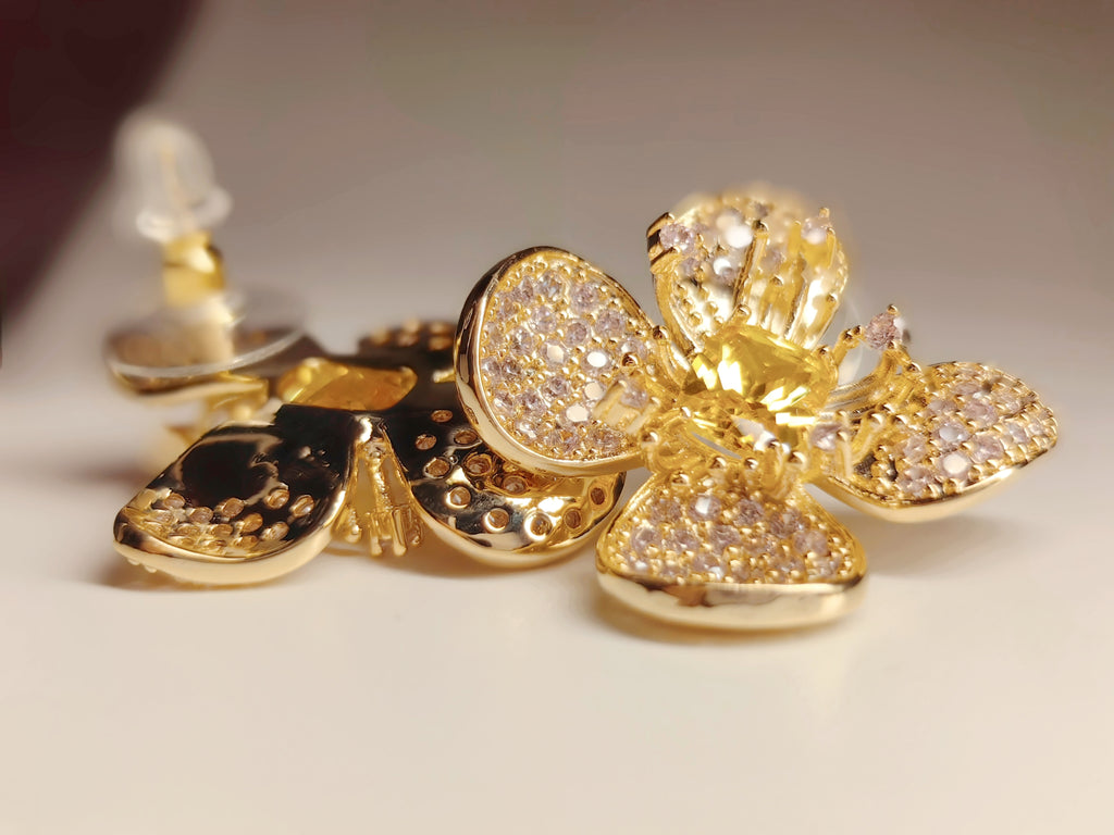 Gold Tone Pave Pink Crystal Flower Stud Earrings