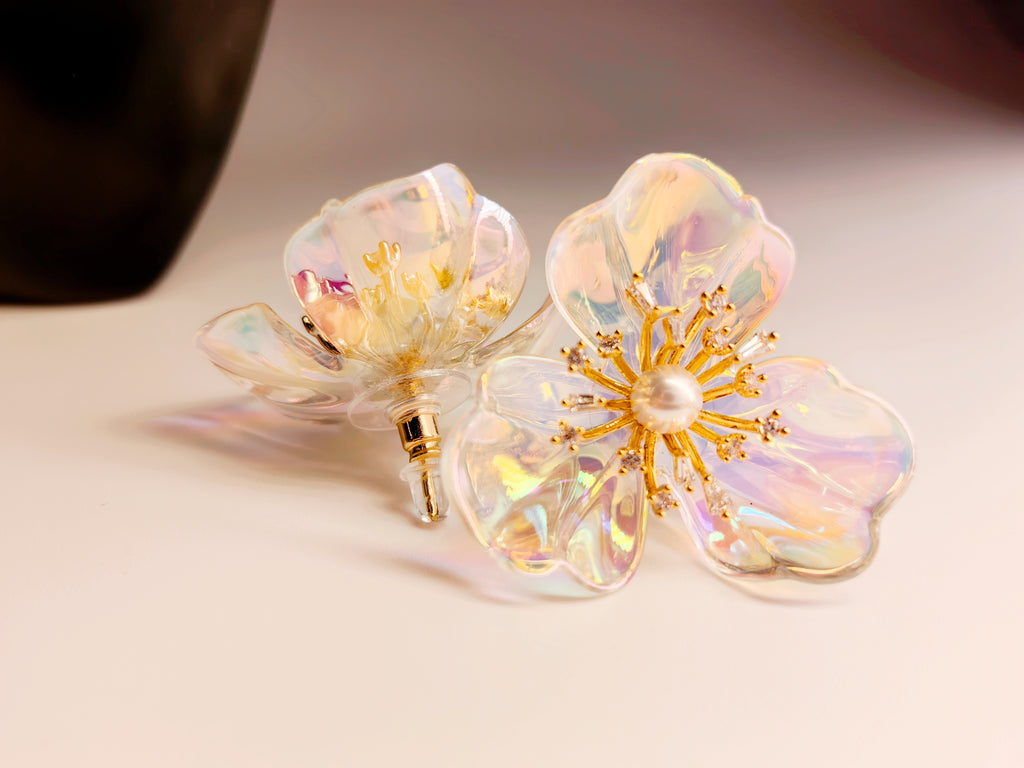 Iridescent Acrylic Flower Stud Earrings with Pearl Center