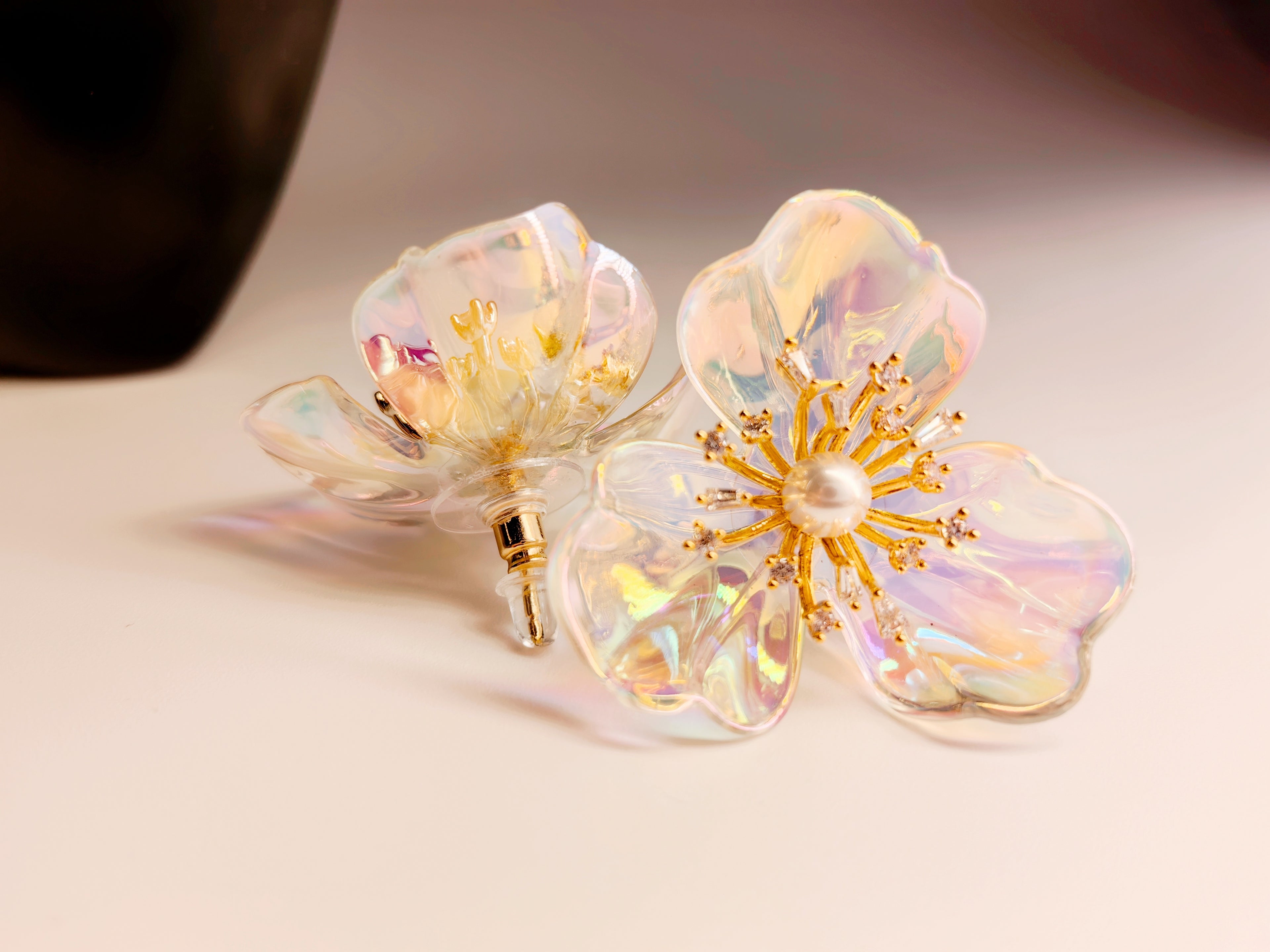 Iridescent Acrylic Flower Stud Earrings with Pearl Center