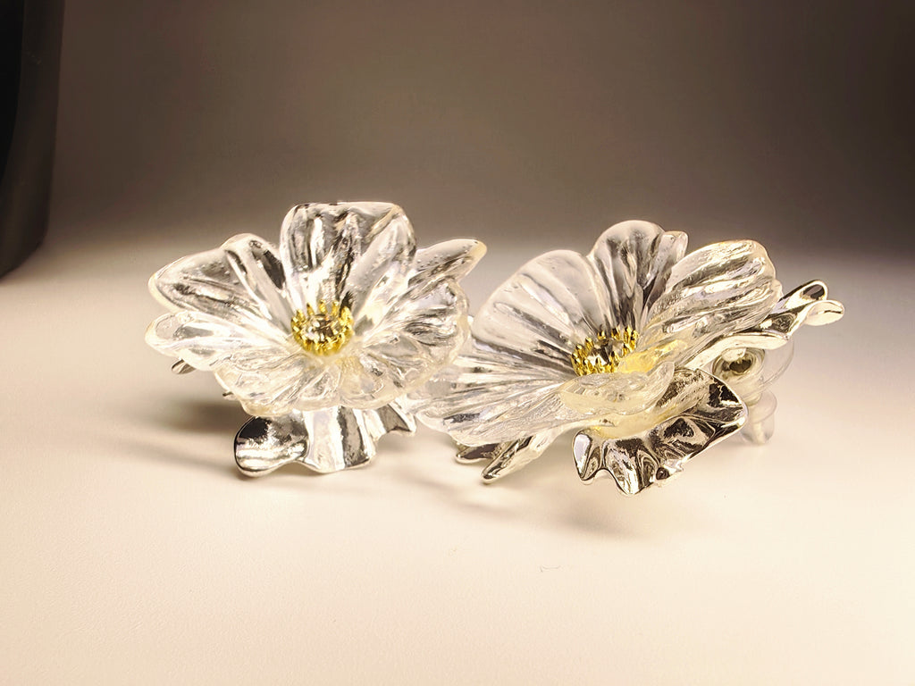 Silver Tone Transparent Floral Statement Earrings