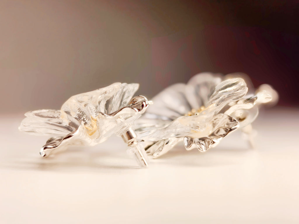 Silver Tone Transparent Floral Statement Earrings