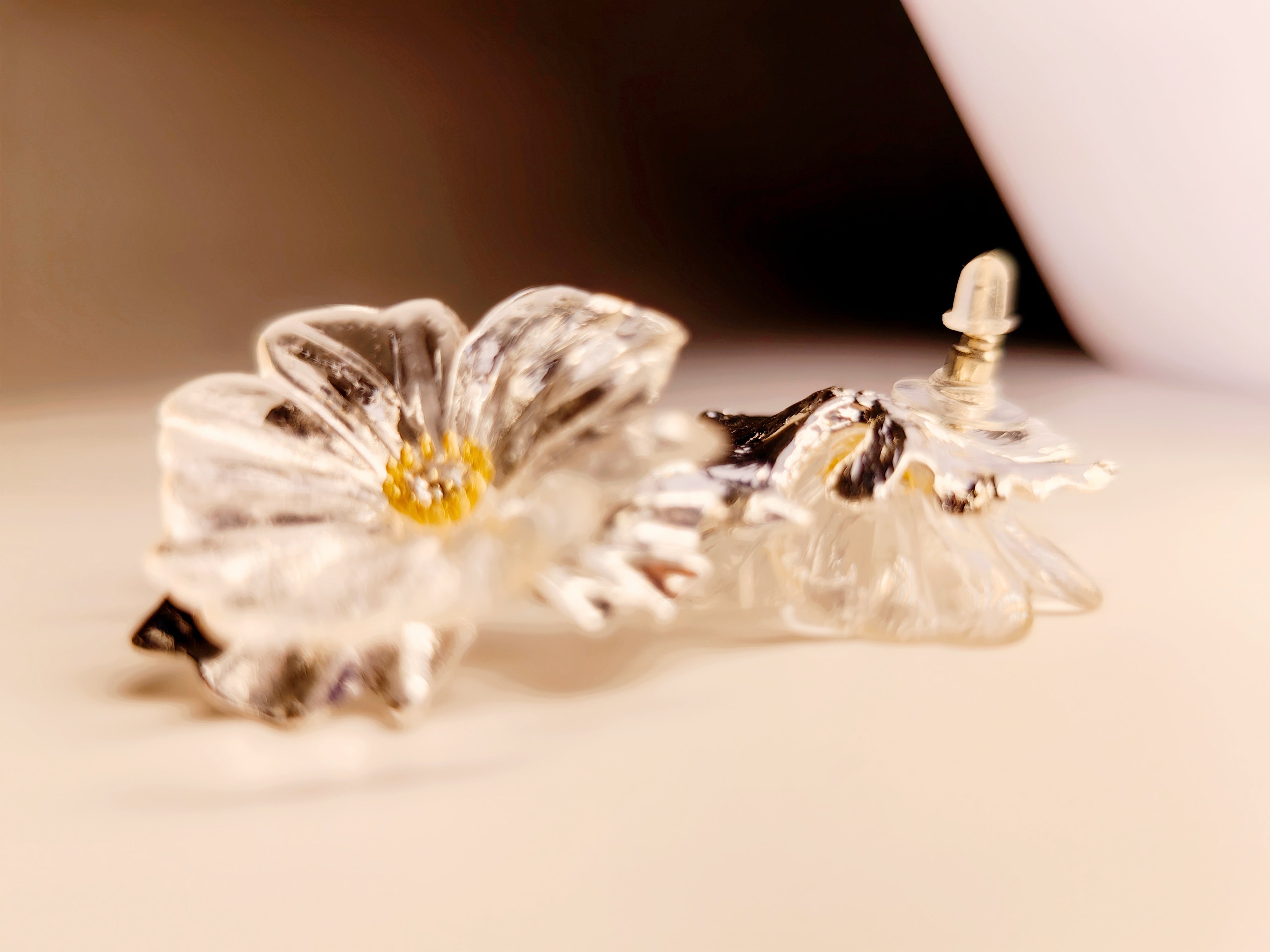 Silver Tone Transparent Floral Statement Earrings